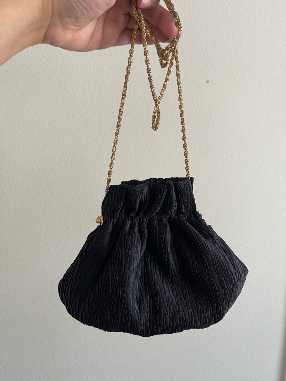 Black Pleated Mini Shoulder Bag with Gold Chain Strap